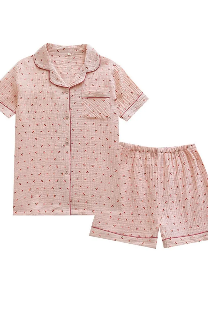 Chouyatou Womens Cute Pajama Set Short Sleeve Button Up Shirt and Shorts 2 Piece Cotton Pj Sets