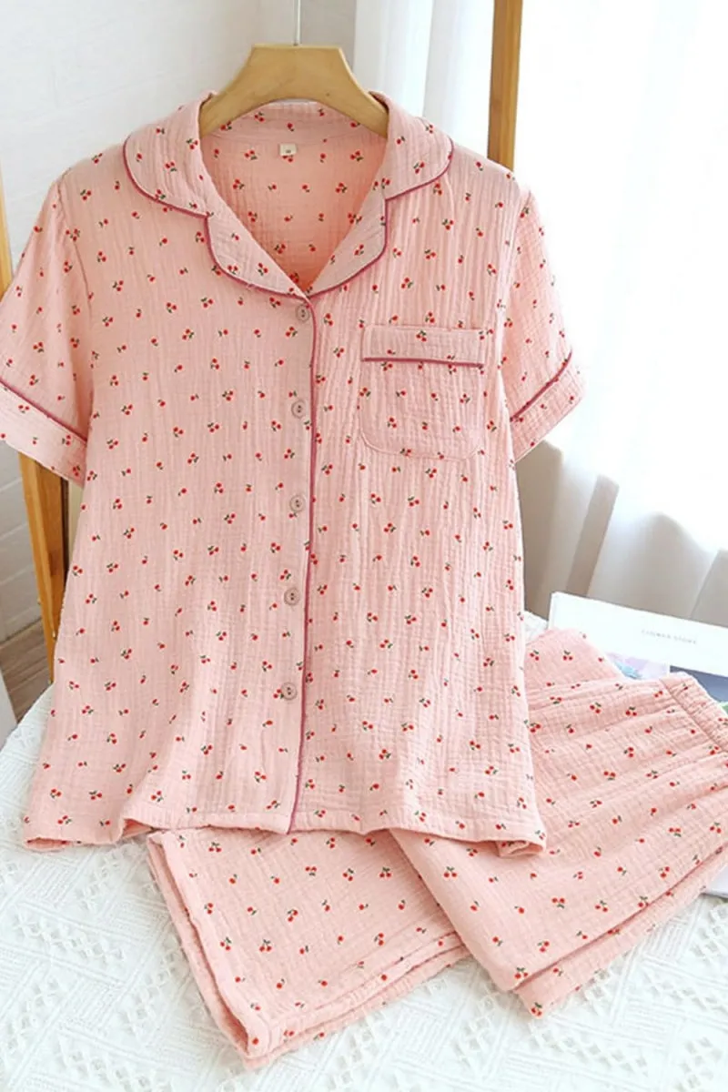 Chouyatou Womens Cute Pajama Set Short Sleeve Button Up Shirt and Shorts 2 Piece Cotton Pj Sets