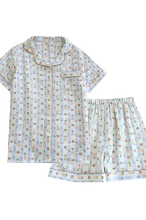 Chouyatou Womens Cute Pajama Set Short Sleeve Button Up Shirt and Shorts 2 Piece Cotton Pj Sets