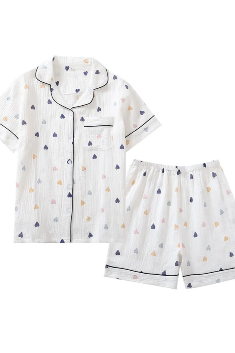 Chouyatou Womens Cute Pajama Set Short Sleeve Button Up Shirt and Shorts 2 Piece Cotton Pj Sets