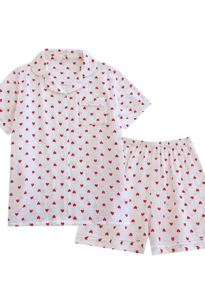 Chouyatou Womens Cute Pajama Set Short Sleeve Button Up Shirt and Shorts 2 Piece Cotton Pj Sets