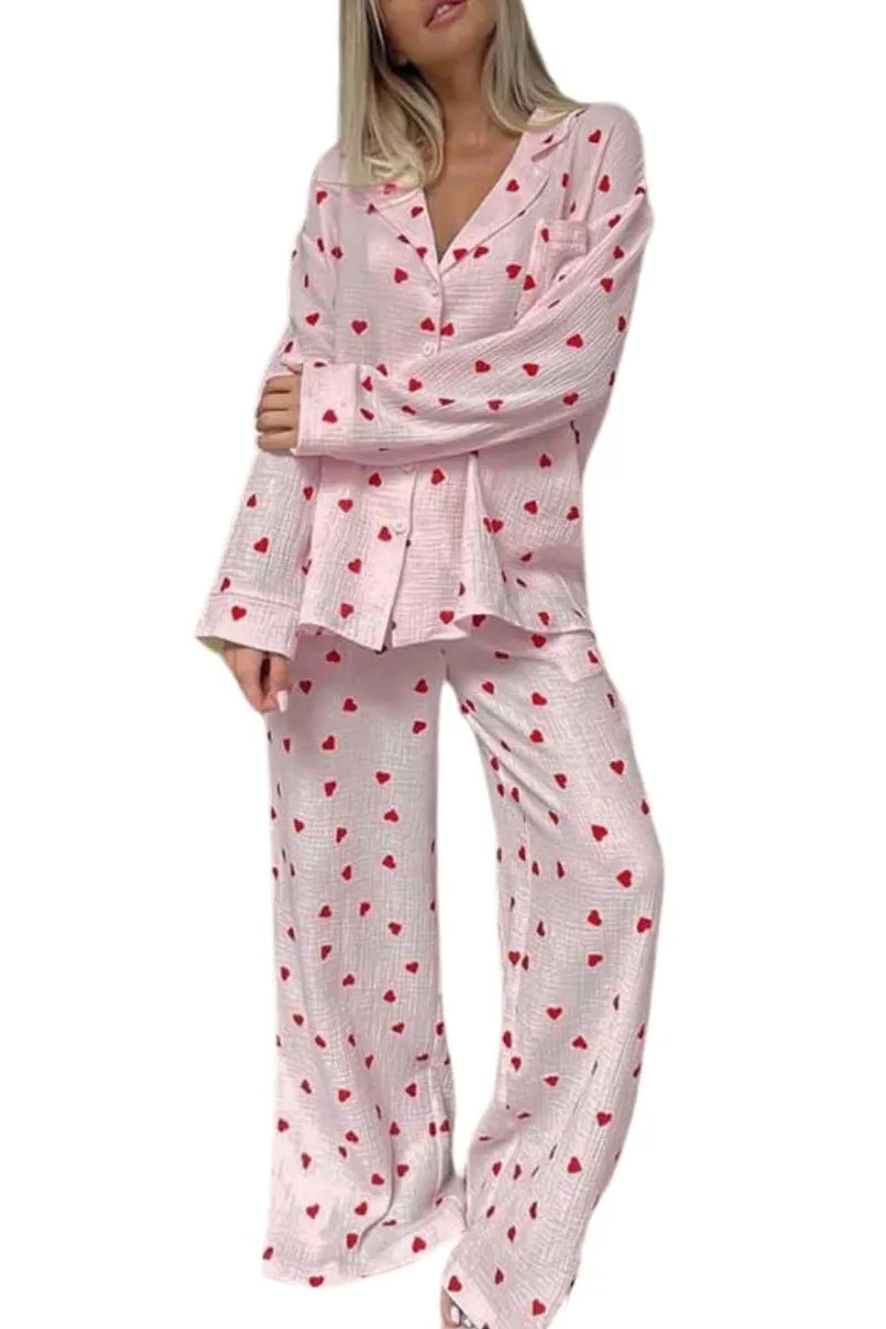 Chouyatou Womens Pajama Sets Cotton Pj Set Cute Heart Print Long Sleeve Button Down Shirt With Long Pants