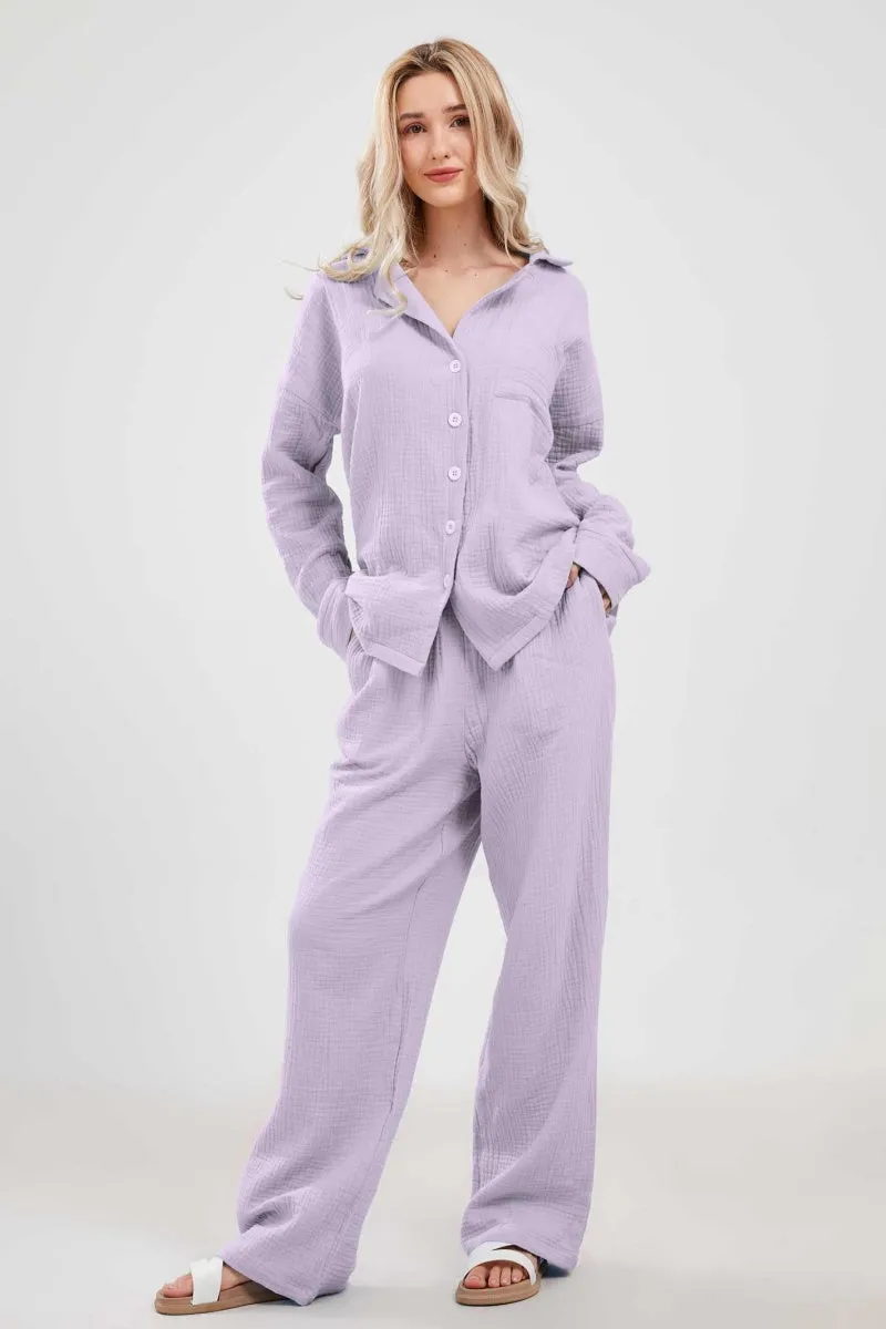 Chouyatou Womens Pajama Sets Cotton Pj Set Cute Heart Print Long Sleeve Button Down Shirt With Long Pants