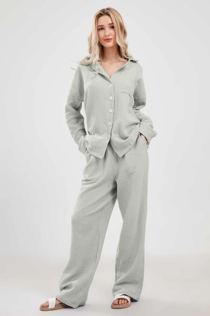 Chouyatou Womens Pajama Sets Cotton Pj Set Cute Heart Print Long Sleeve Button Down Shirt With Long Pants