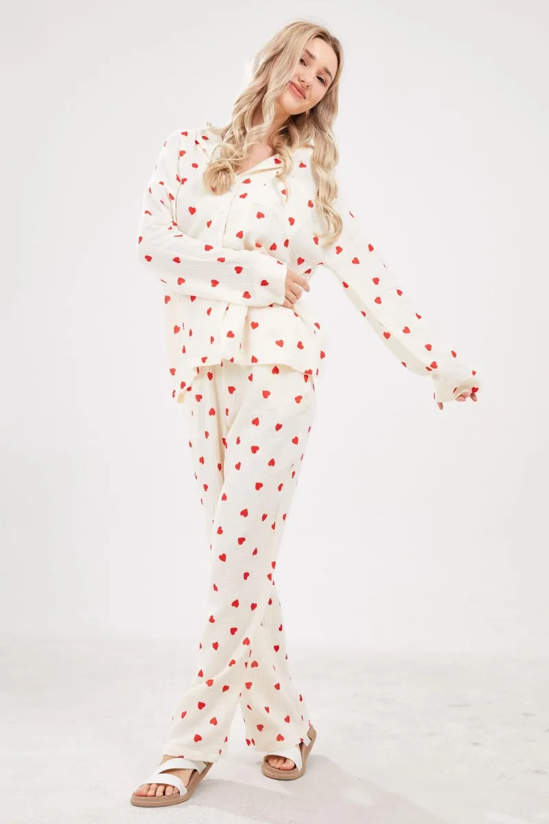Chouyatou Womens Pajama Sets Cotton Pj Set Cute Heart Print Long Sleeve Button Down Shirt With Long Pants