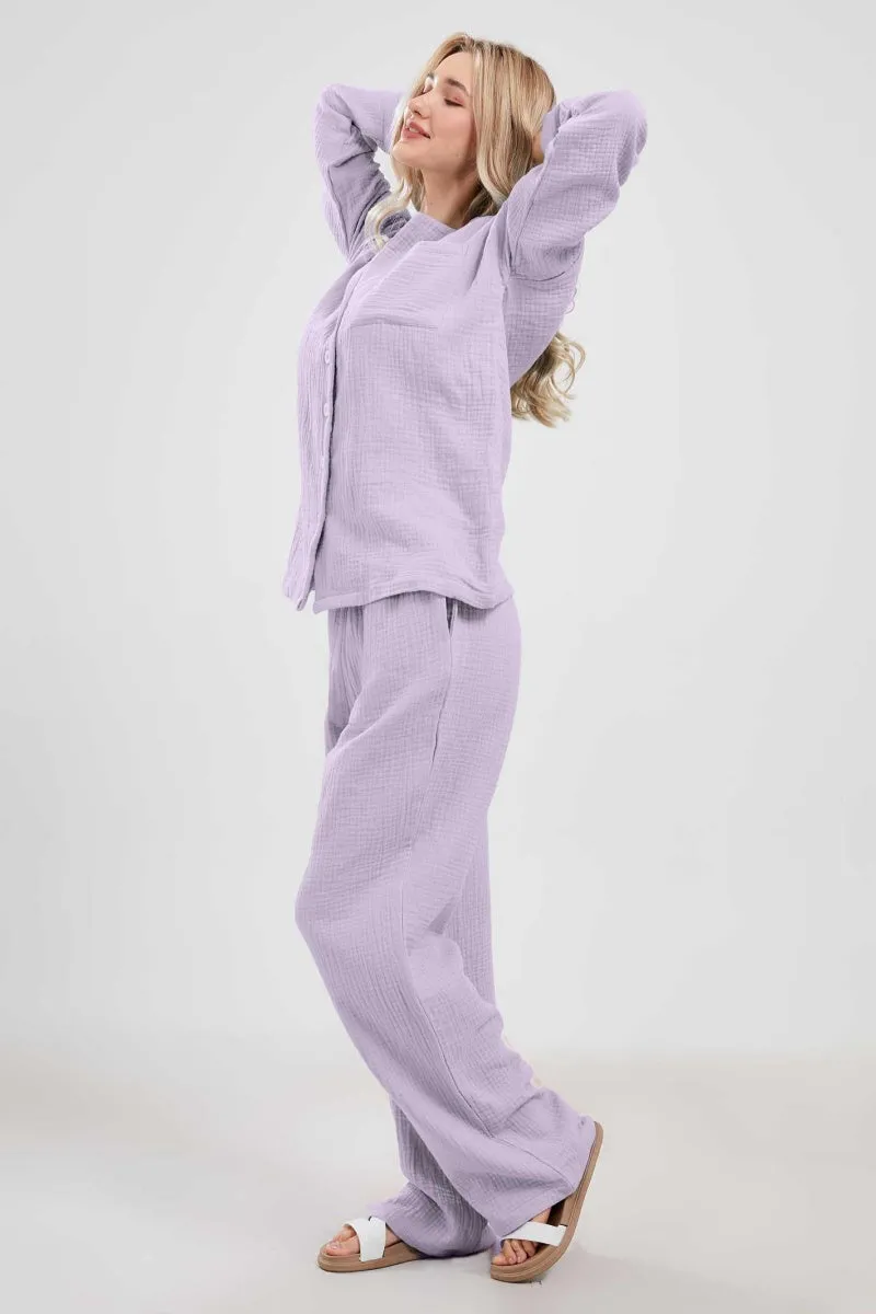 Chouyatou Womens Pajama Sets Cotton Pj Set Cute Heart Print Long Sleeve Button Down Shirt With Long Pants