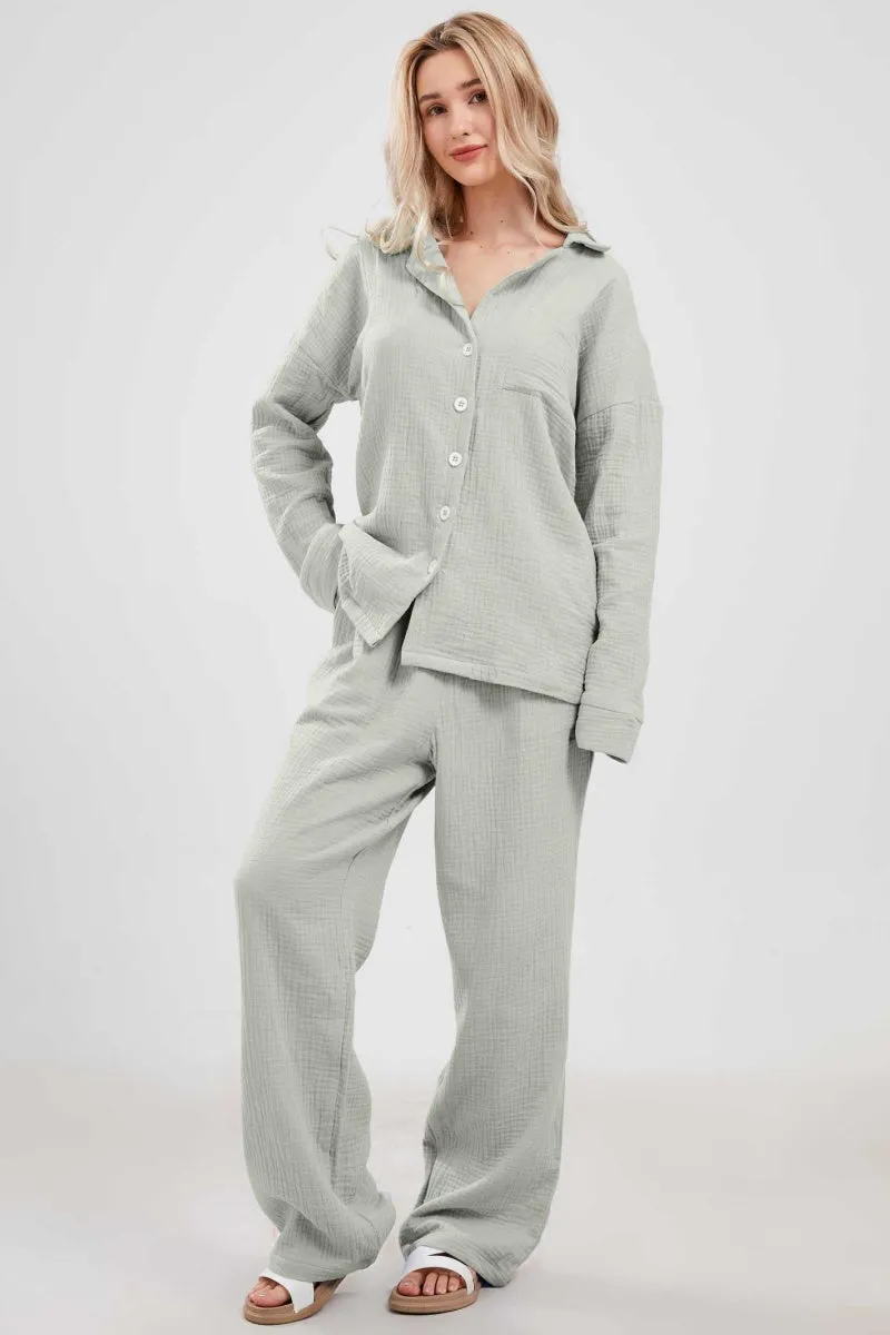 Chouyatou Womens Pajama Sets Cotton Pj Set Cute Heart Print Long Sleeve Button Down Shirt With Long Pants