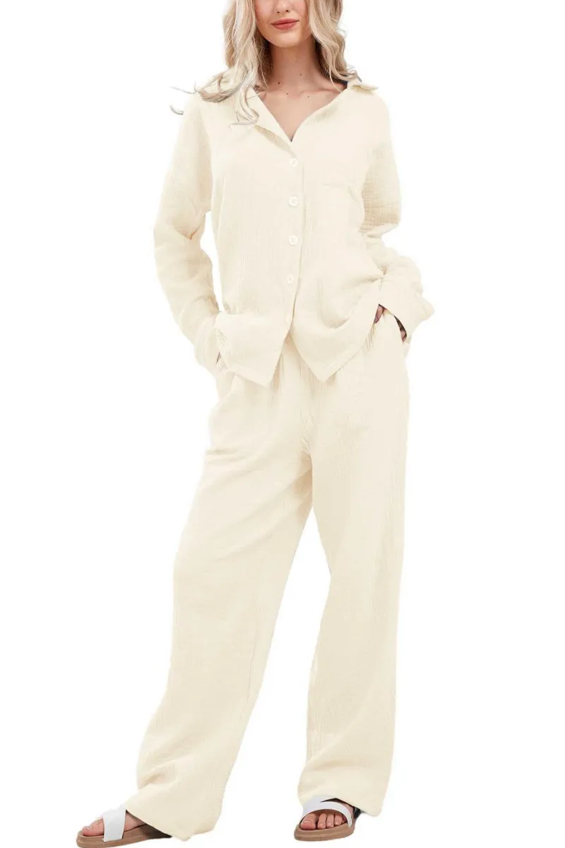 Chouyatou Womens Pajama Sets Cotton Pj Set Cute Heart Print Long Sleeve Button Down Shirt With Long Pants