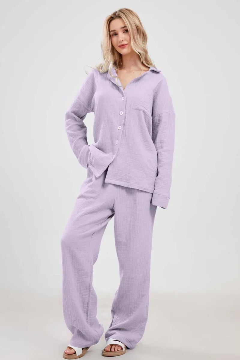 Chouyatou Womens Pajama Sets Cotton Pj Set Cute Heart Print Long Sleeve Button Down Shirt With Long Pants