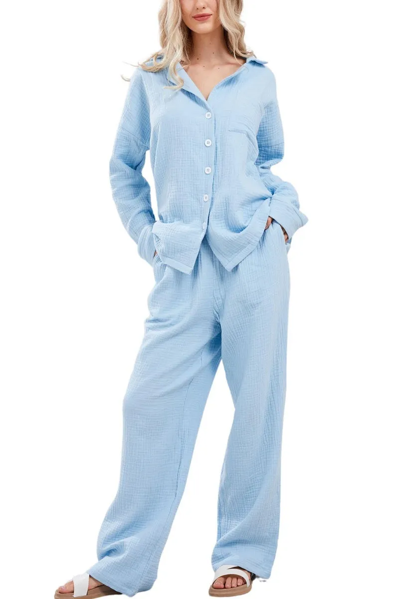 Chouyatou Womens Pajama Sets Cotton Pj Set Cute Heart Print Long Sleeve Button Down Shirt With Long Pants