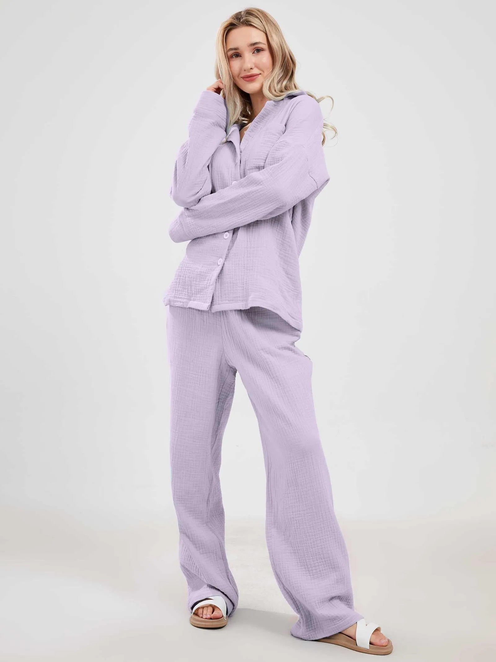 Chouyatou Womens Pajama Sets Cotton Pj Set Cute Heart Print Long Sleeve Button Down Shirt With Long Pants
