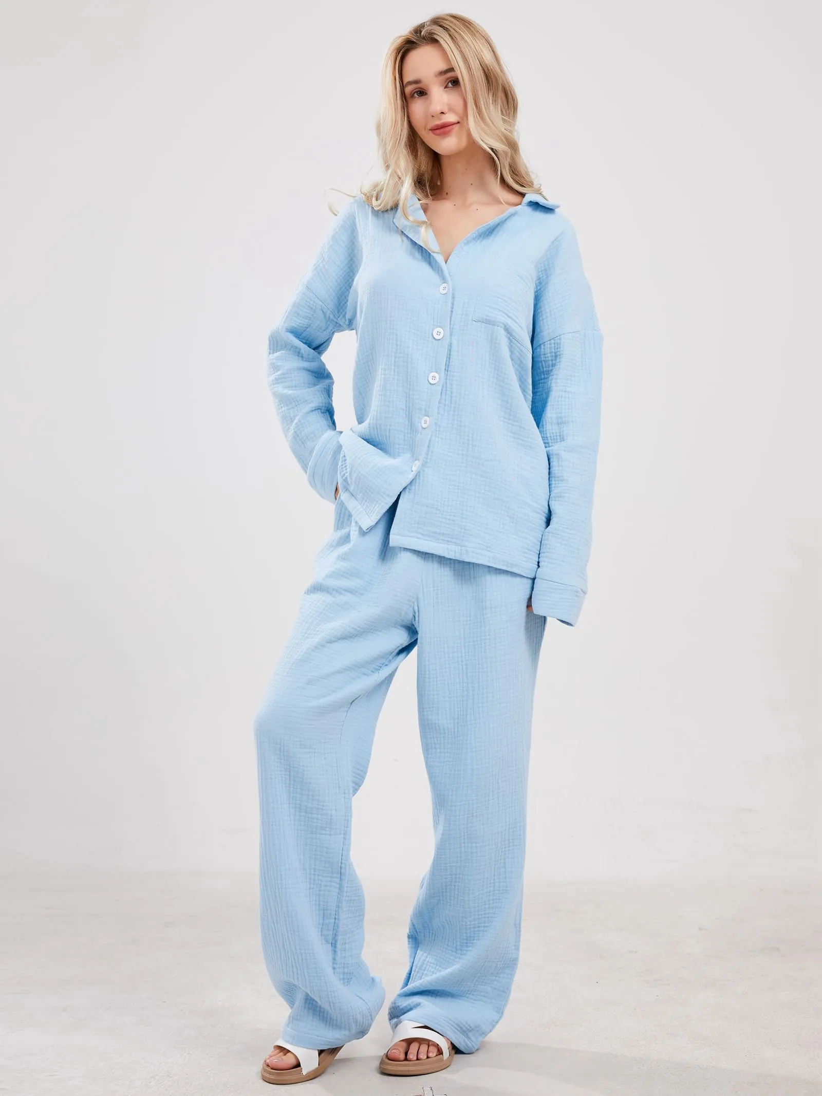 Chouyatou Womens Pajama Sets Cotton Pj Set Cute Heart Print Long Sleeve Button Down Shirt With Long Pants