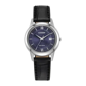 Citizen Classic Ladies Eco Drive Stainless Steel Blue Dial Black Leather Strap Watch