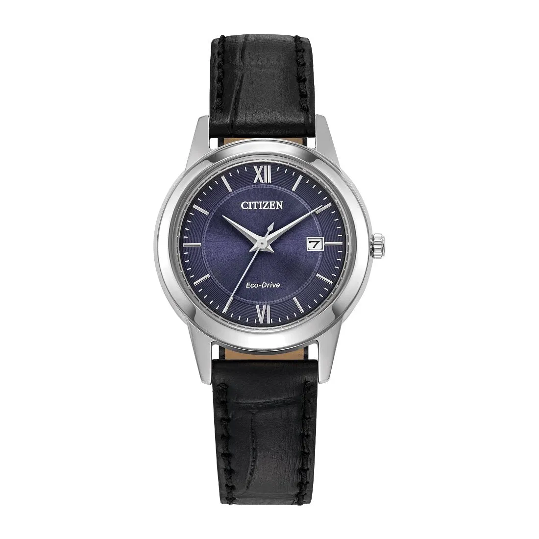 Citizen Classic Ladies Eco Drive Stainless Steel Blue Dial Black Leather Strap Watch