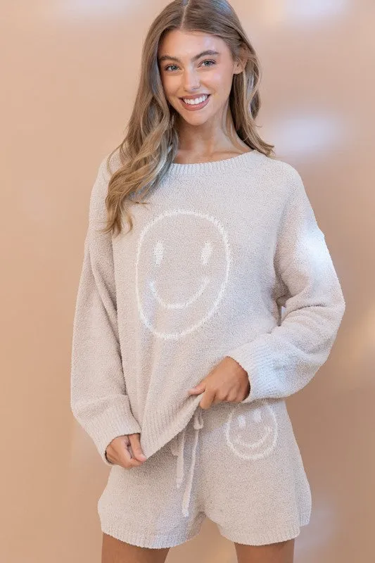 Cozy Soft Top and Shorts Set with Smiley Face