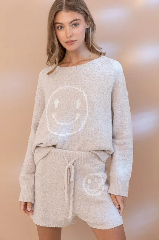 Cozy Soft Top and Shorts Set with Smiley Face