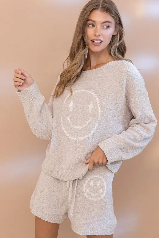 Cozy Soft Top and Shorts Set with Smiley Face
