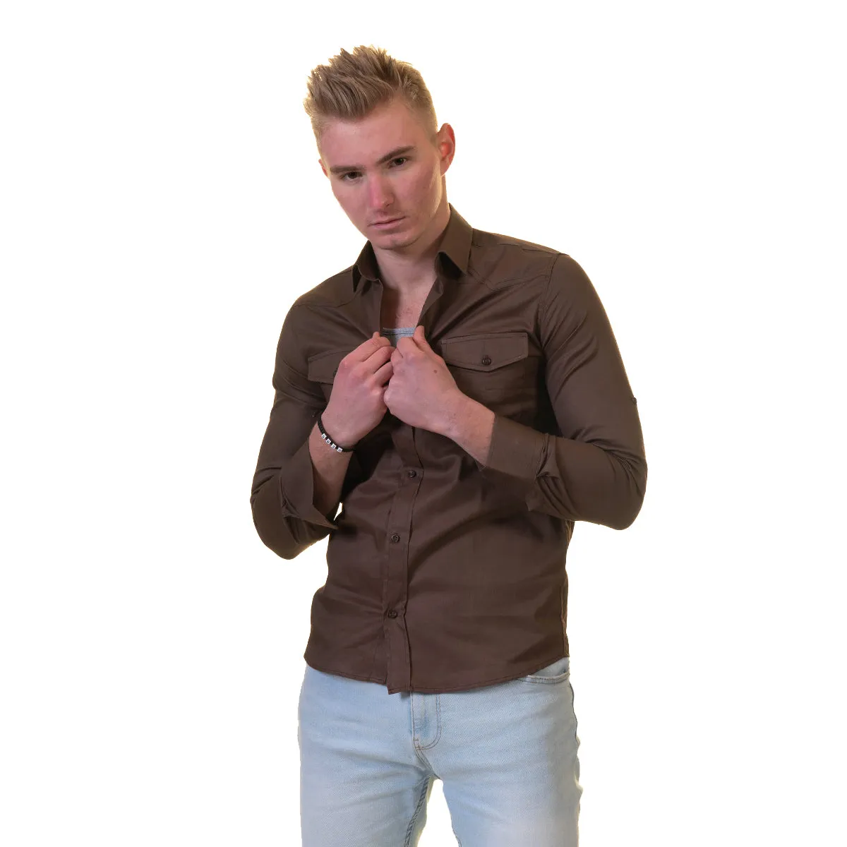 Dark Brown Mens Slim Fit Designer Dress Shirt - tailored Cotton Shirts for Work and Casual Wear
