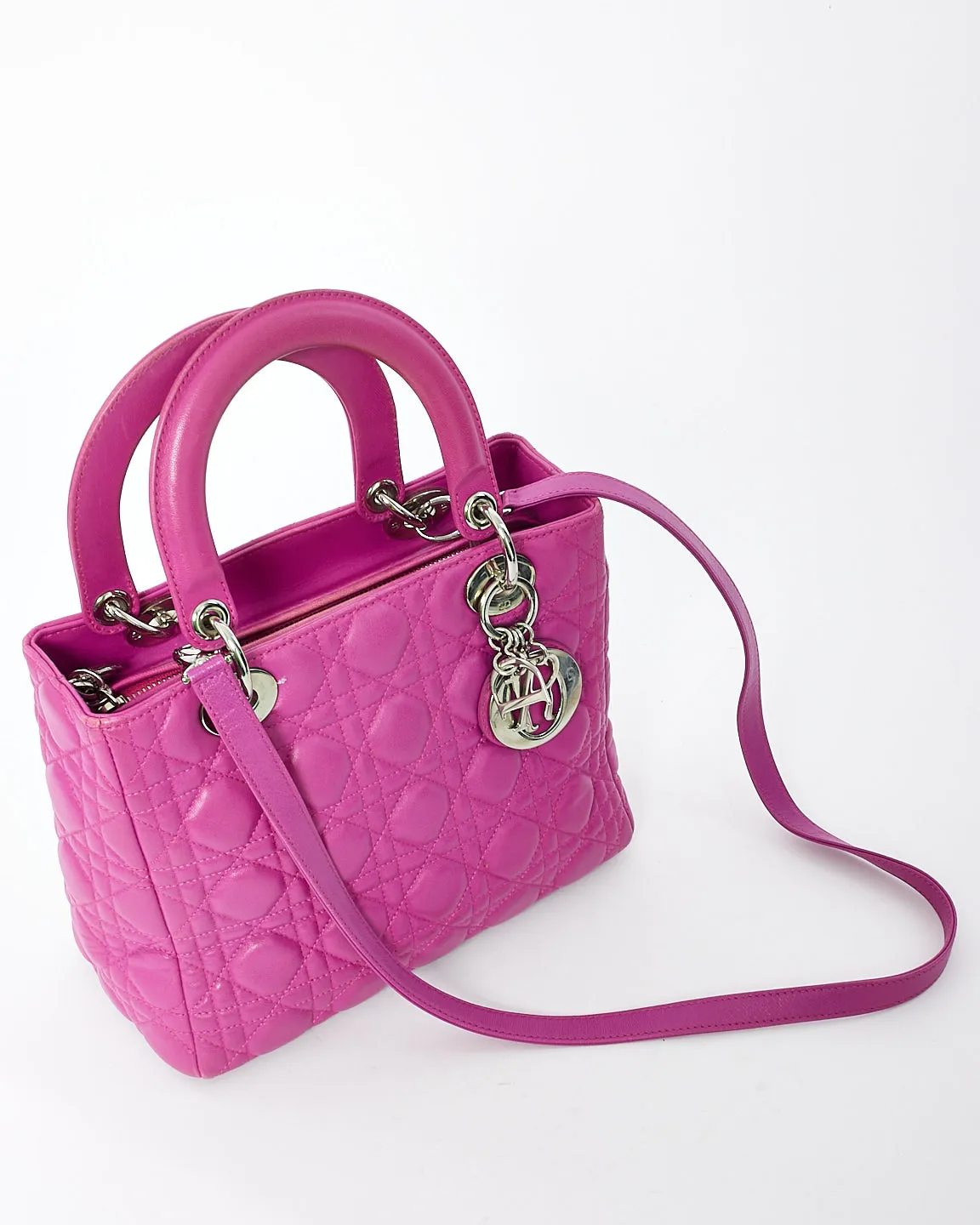 Dior Fushia Cannage Leather Medium Lady Dior