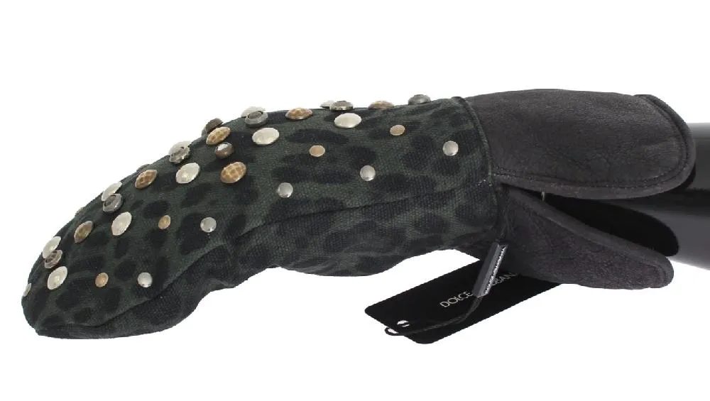 Dolce & Gabbana Gray Wool Shearling Studded Green Leopard Gloves - Size 9-M