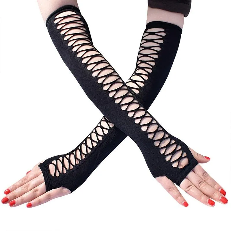 Elbow Length Punk Gloves Elastic Fingerless Gloves Cutout Cross Mesh Gloves