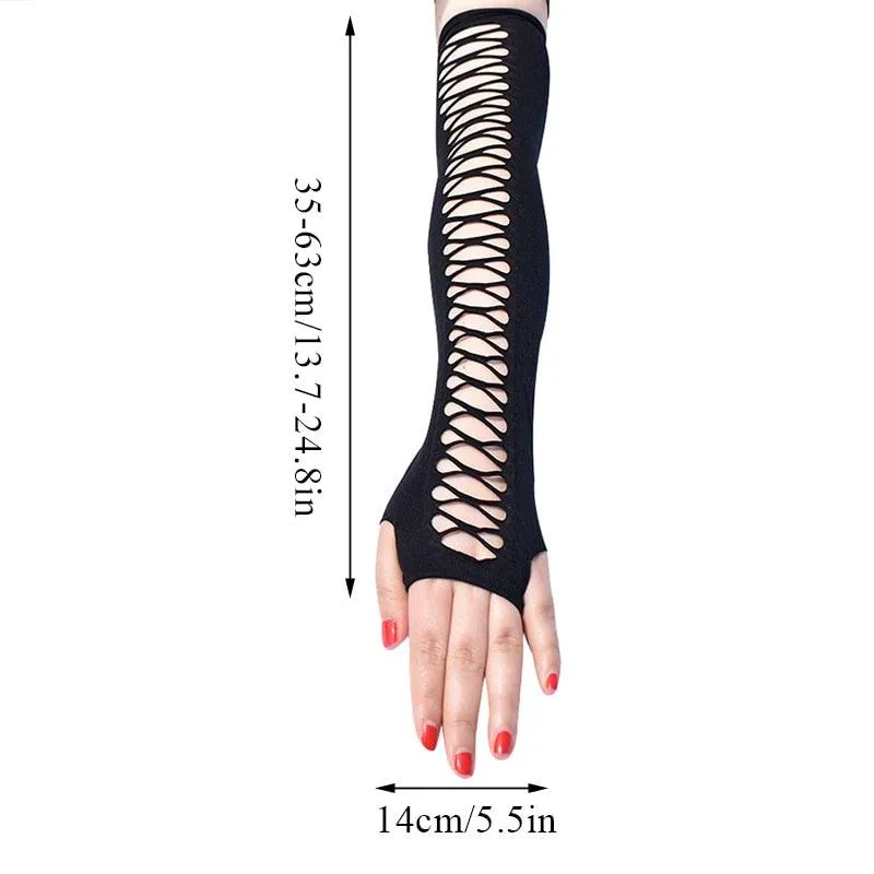 Elbow Length Punk Gloves Elastic Fingerless Gloves Cutout Cross Mesh Gloves