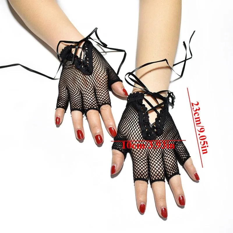 Elbow Length Punk Gloves Elastic Fingerless Gloves Cutout Cross Mesh Gloves