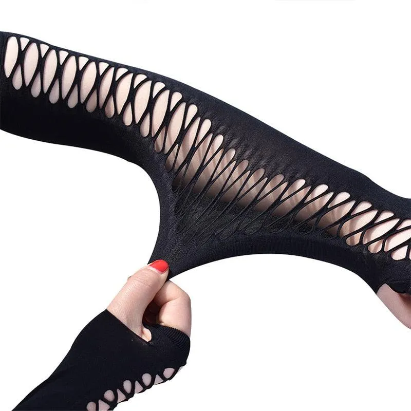 Elbow Length Punk Gloves Elastic Fingerless Gloves Cutout Cross Mesh Gloves