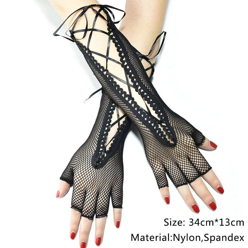 Elbow Length Punk Gloves Elastic Fingerless Gloves Cutout Cross Mesh Gloves