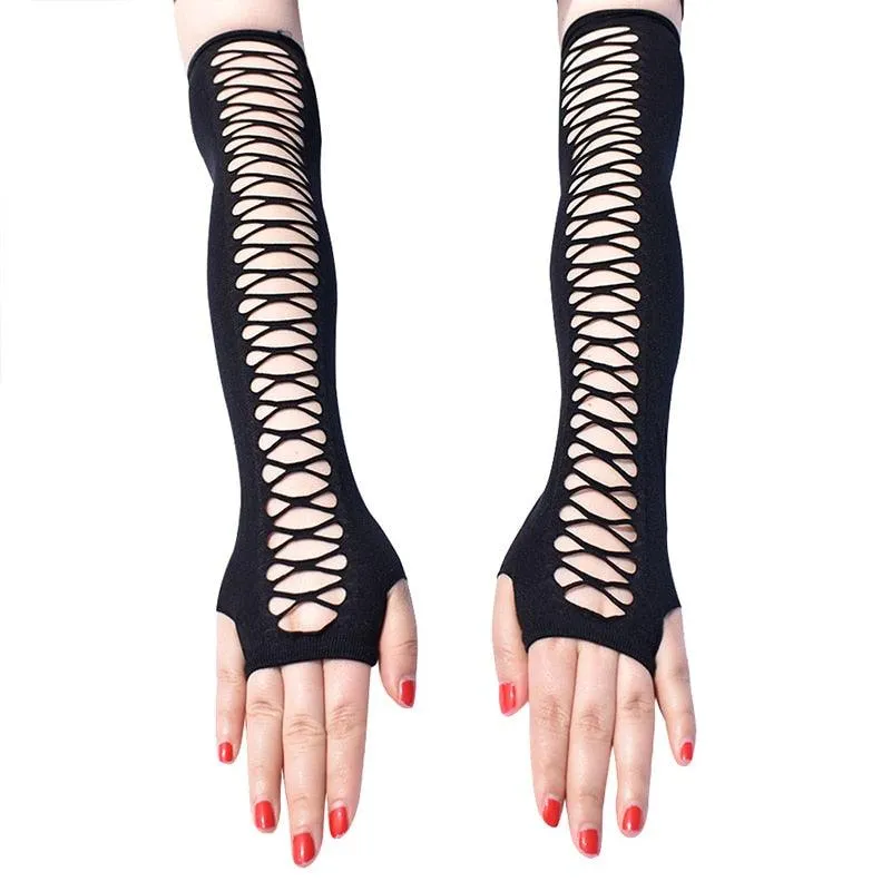 Elbow Length Punk Gloves Elastic Fingerless Gloves Cutout Cross Mesh Gloves