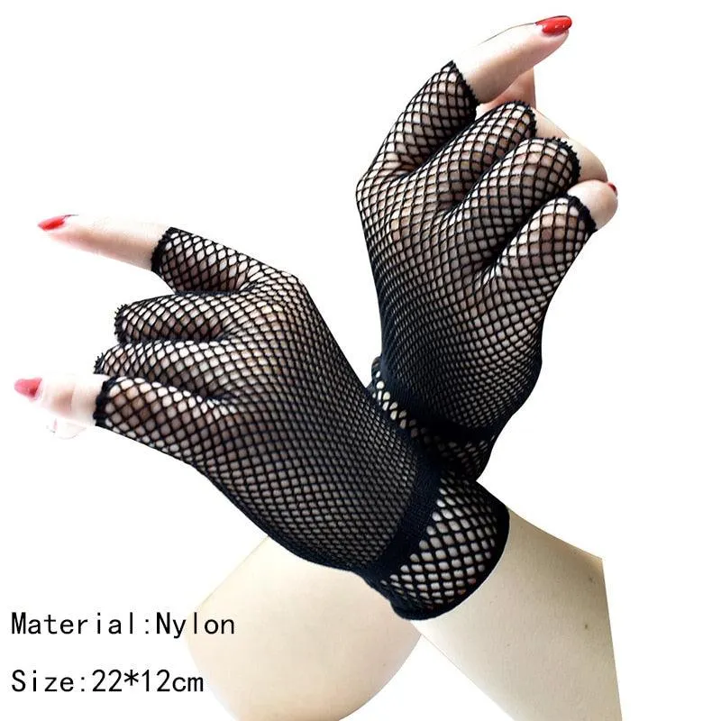 Elbow Length Punk Gloves Elastic Fingerless Gloves Cutout Cross Mesh Gloves
