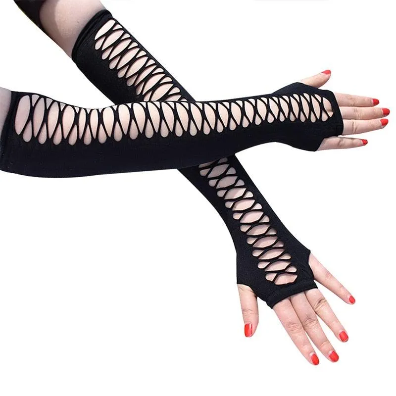 Elbow Length Punk Gloves Elastic Fingerless Gloves Cutout Cross Mesh Gloves