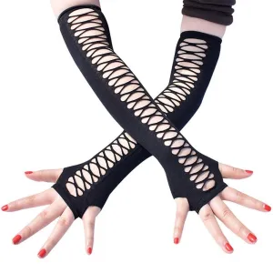 Elbow Length Punk Gloves Elastic Fingerless Gloves Cutout Cross Mesh Gloves