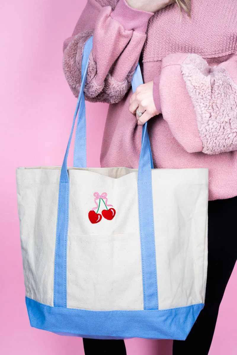 Embroidered Cherry Canvas Boat Tote