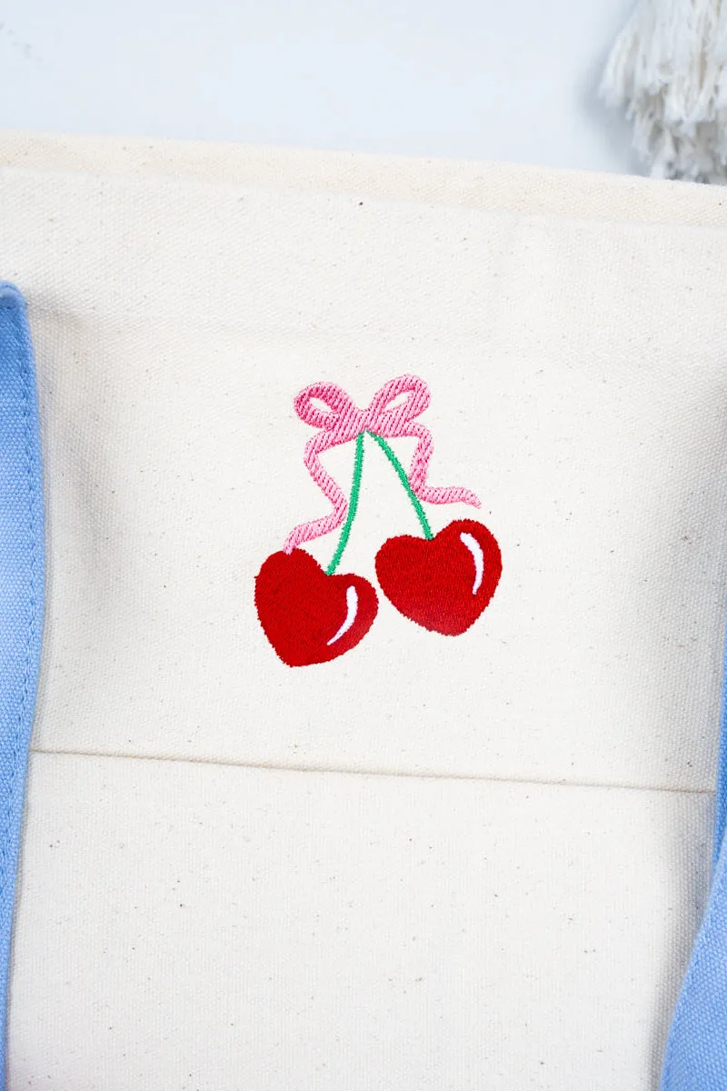 Embroidered Cherry Canvas Boat Tote