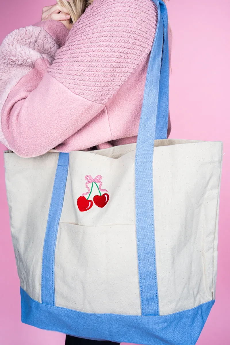 Embroidered Cherry Canvas Boat Tote