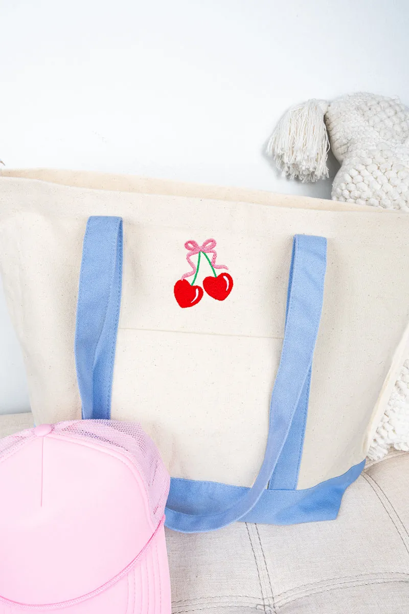 Embroidered Cherry Canvas Boat Tote