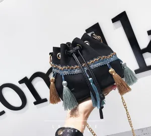 Ethnic Style Small Bag Women Fashion Tassel Shoulder Messenger Bag Mini Bucket Bag