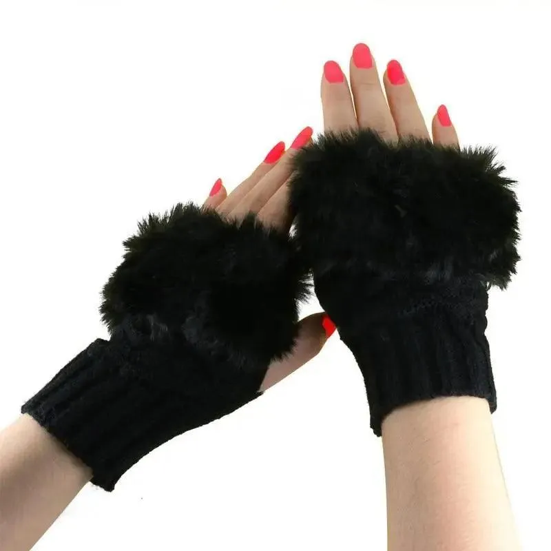 Fashion Fingerless Warm Wool Knitted Classic Fur Half One Size Finger Gloves For Women Cute Soft And Comfortable Trendy Fashion Stretchy Gloves For Women