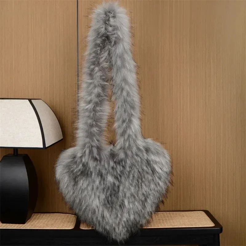 Faux Fur Plush Ladies Heart Shaped Messenger Bag