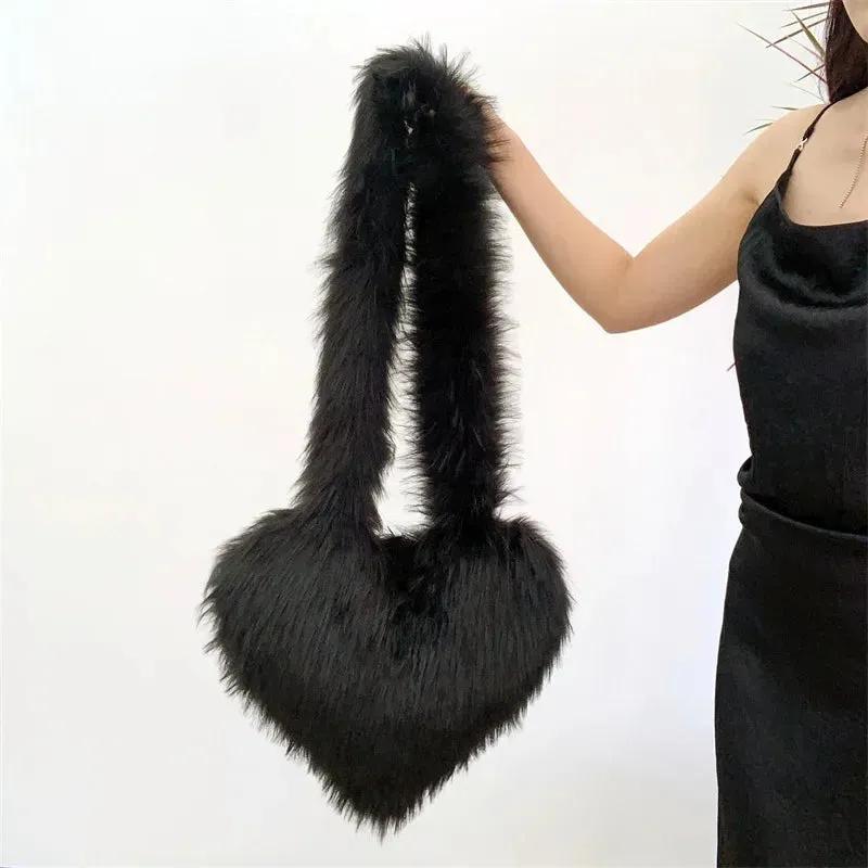 Faux Fur Plush Ladies Heart Shaped Messenger Bag