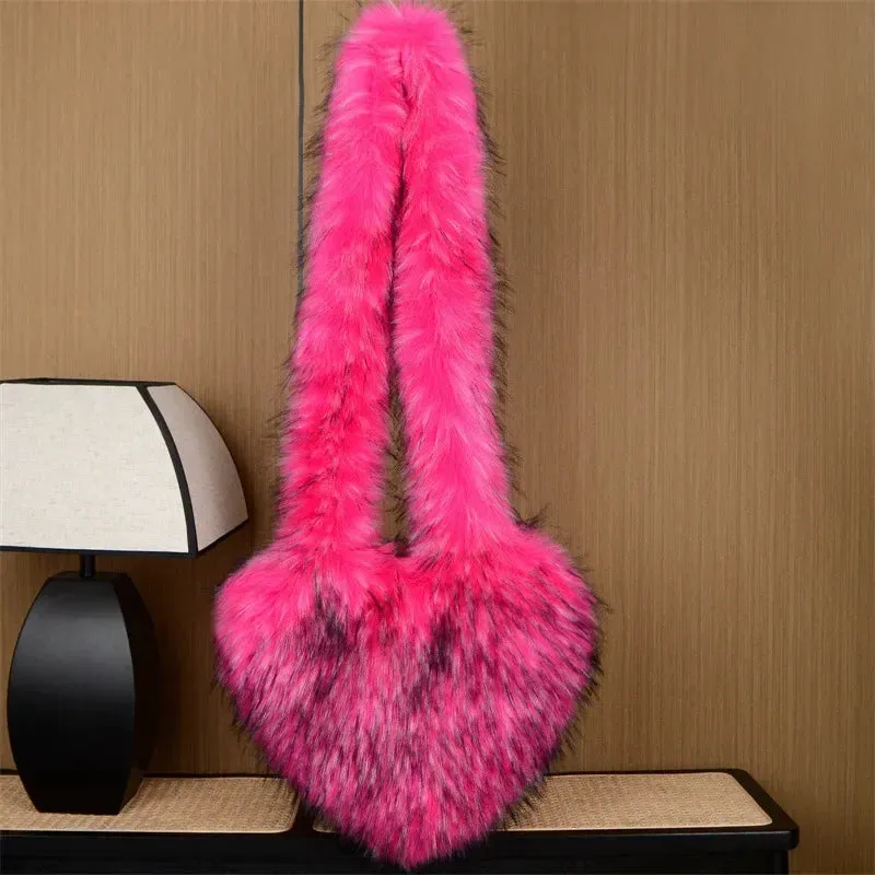 Faux Fur Plush Ladies Heart Shaped Messenger Bag