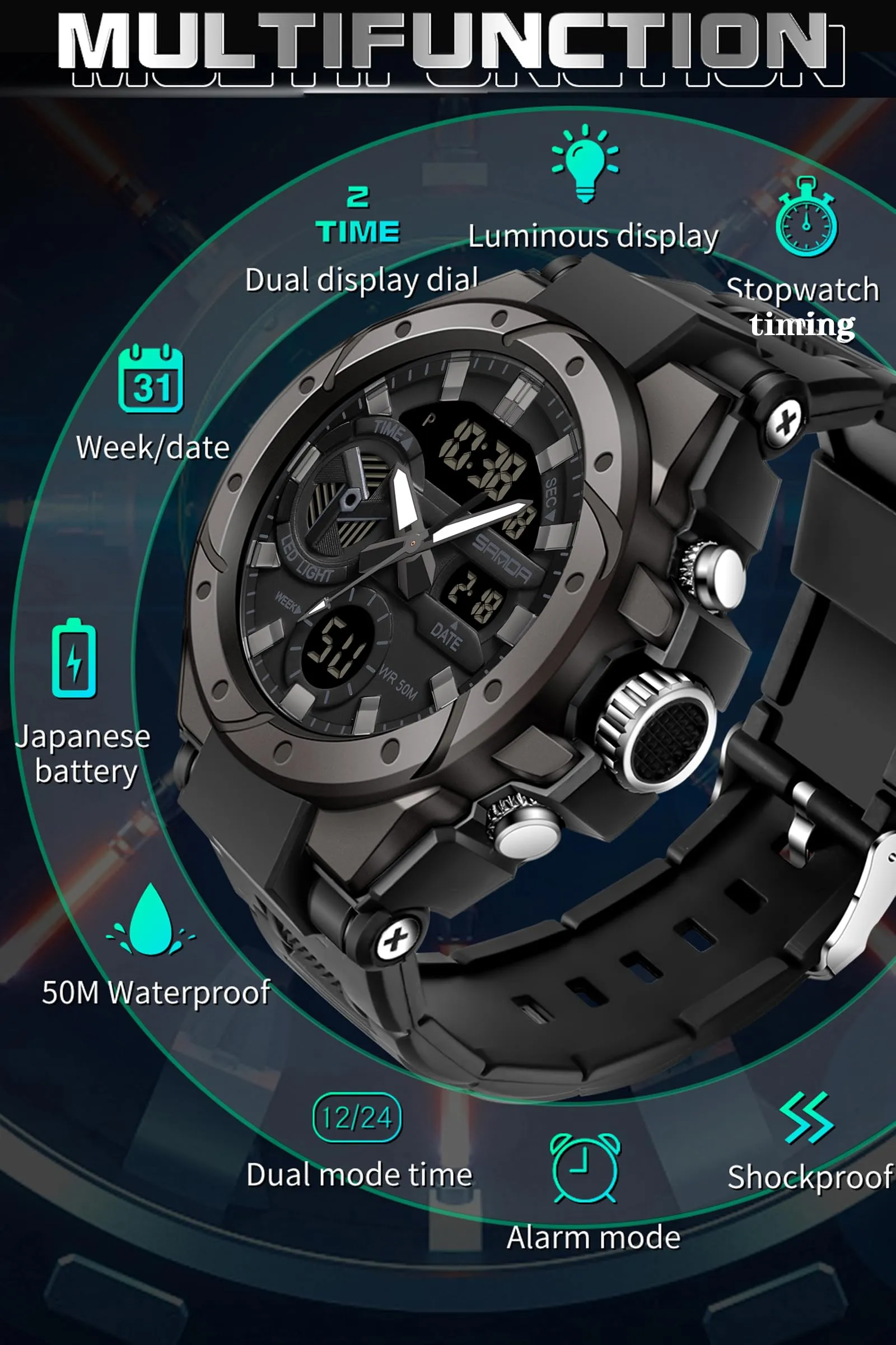 Findtime Mens Digital Analog Watches for Men, Men's Sports Outdoor Watch Military Tactical Wristwatch with Alarm Water Shock Resistant Date Dual Display Stopwatch