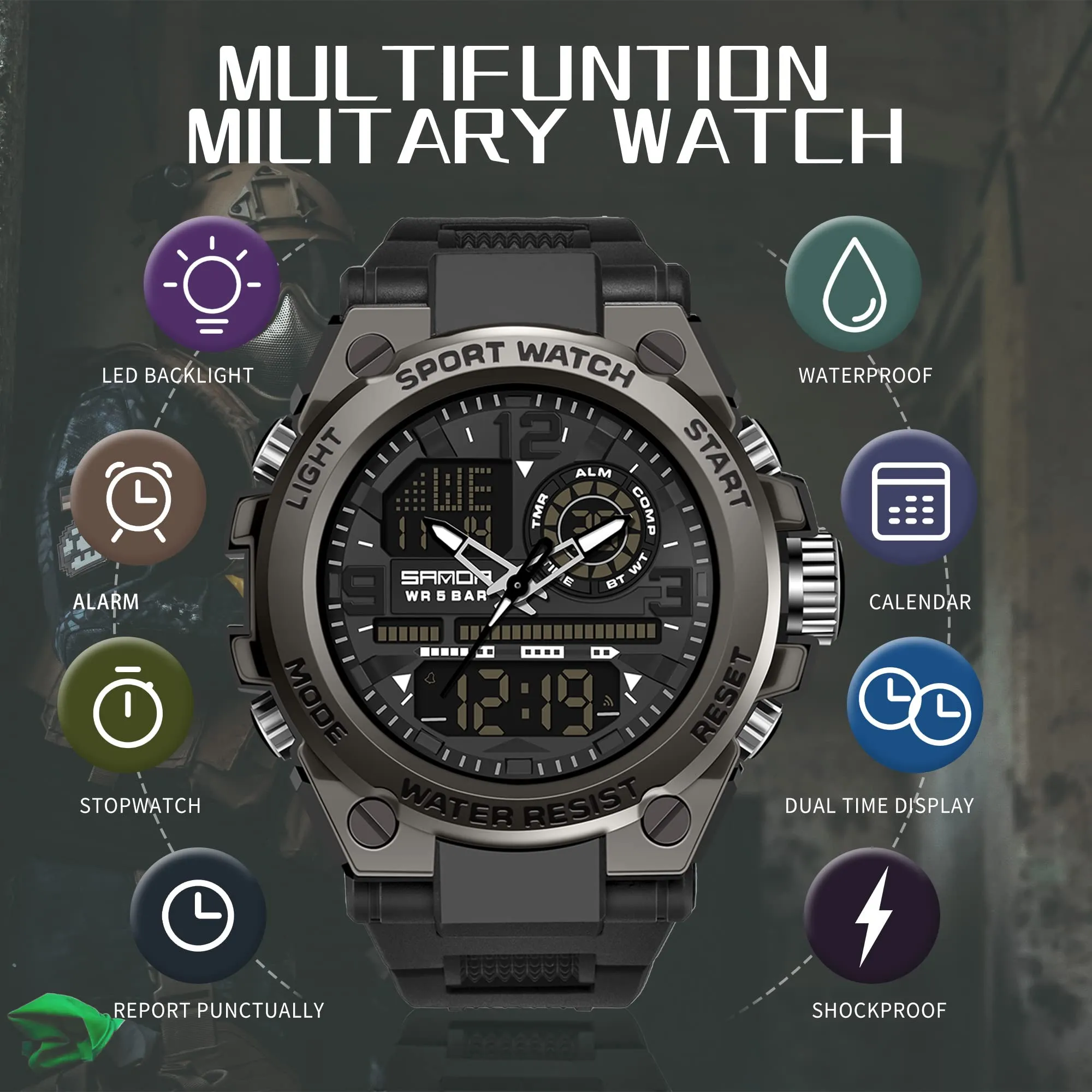 Findtime Mens Military Watch Tactical Waterproof Watches Sport Outdoor Digital Analogue Wristwatch Army Big Face Alarm Stopwatch LED Watch for Men