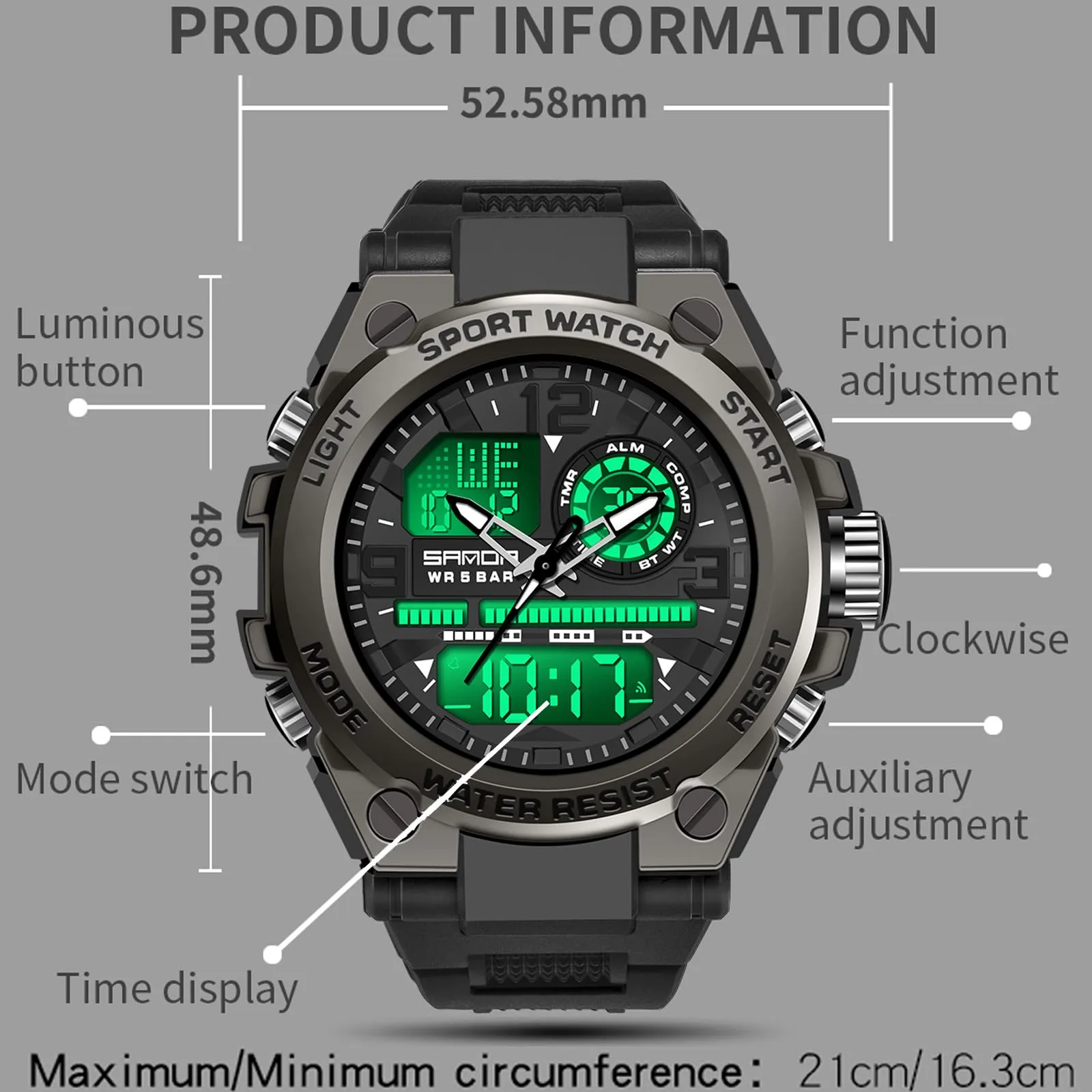 Findtime Mens Military Watch Tactical Waterproof Watches Sport Outdoor Digital Analogue Wristwatch Army Big Face Alarm Stopwatch LED Watch for Men
