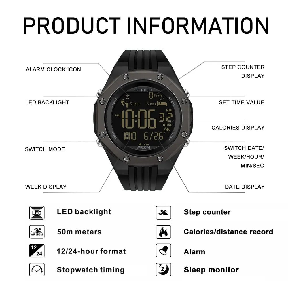 Findtime Mens Sports Watch - Military, Tactical & Digital Watches for Men, Waterproof, Pedometer, Step Counter for Calories, Distance