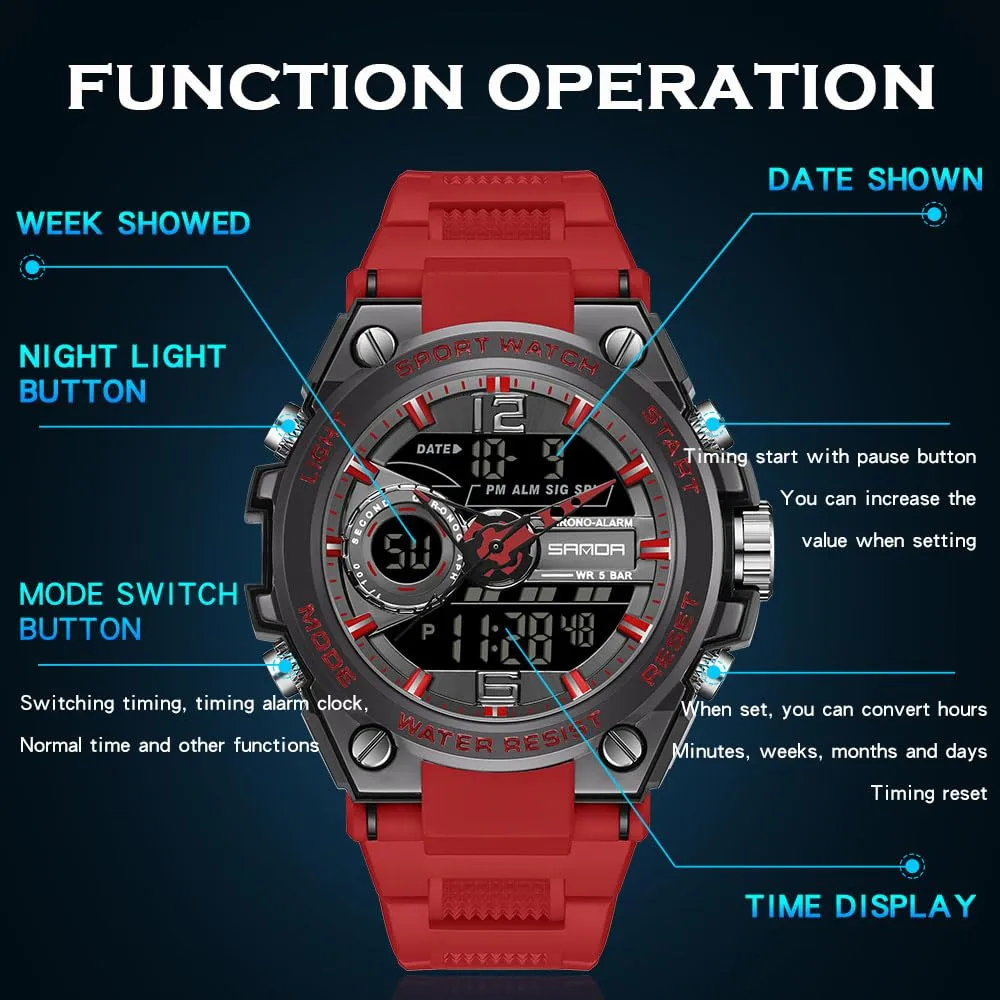 Findtime Military Watch Tactical Watches for Men Waterproof Rugged Outdoor Wristwatch Sports Mens Analog Digital 12/24H Big Face Large Dual Display LED Alarm Stopwatch