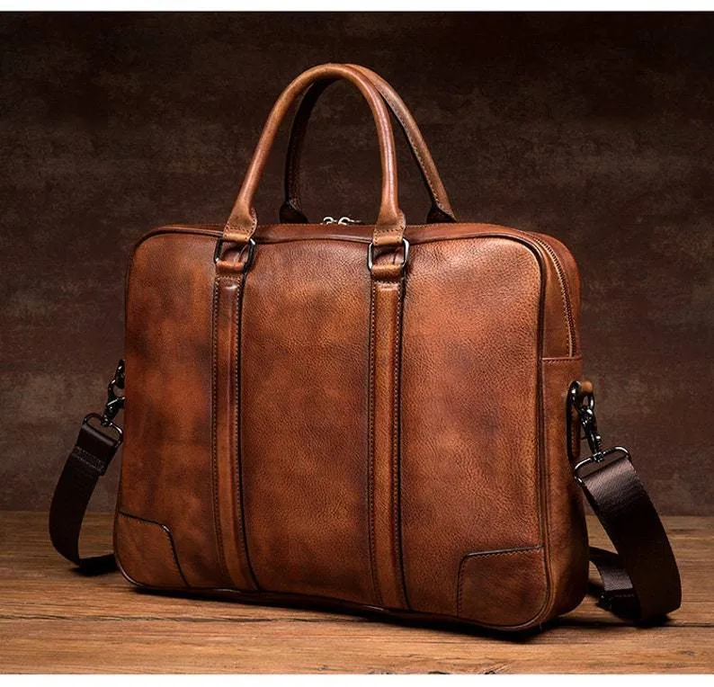 Full Grain Leather Briefcase Men's Leather Laptop Bag Shoulder Messenger Bag Gift for Him