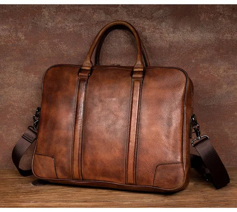 Full Grain Leather Briefcase Men's Leather Laptop Bag Shoulder Messenger Bag Gift for Him