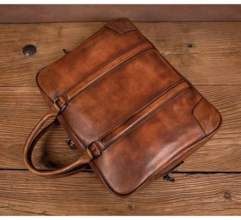 Full Grain Leather Briefcase Men's Leather Laptop Bag Shoulder Messenger Bag Gift for Him